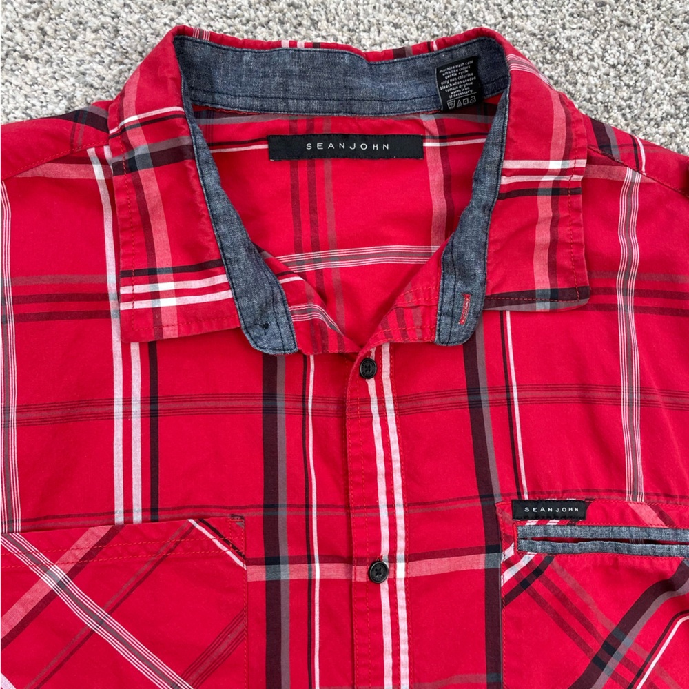 Sean Jean men’s short sleeve button down shirt red plaid size 4X contrast collar